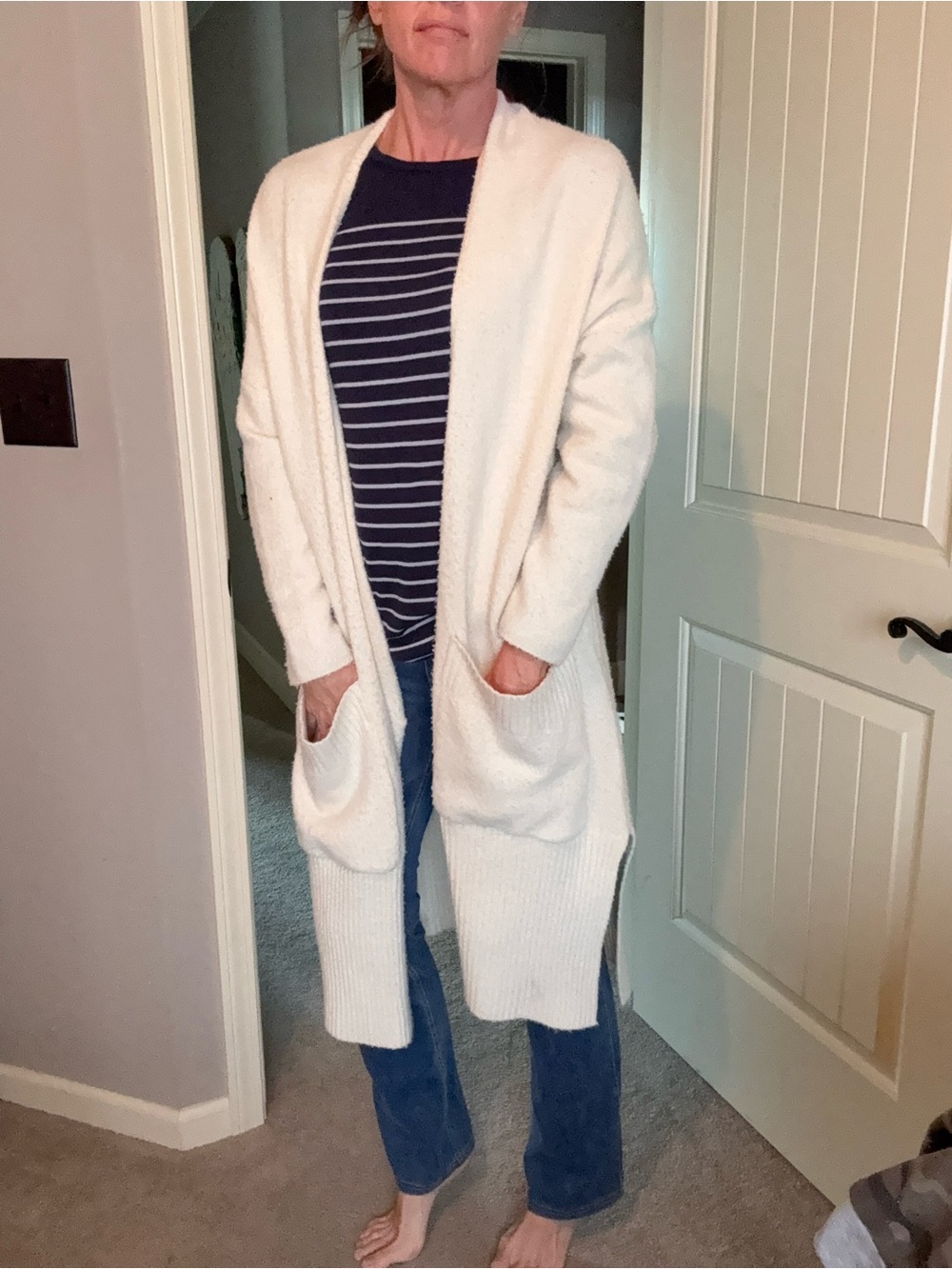 Mod Ref Long Cream Open-Front Pocket Cardigan